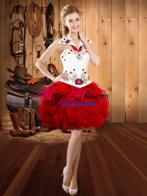 Red Sleeveless Mini Length Embroidery and Ruffles Lace Up Evening Dress