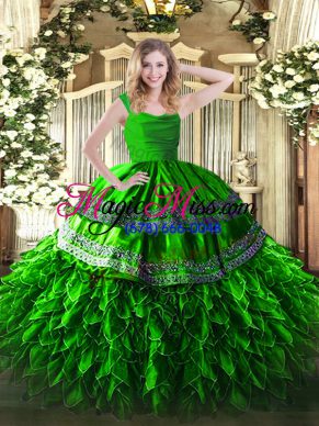 Green Ball Gowns Beading and Lace and Ruffles Quinceanera Dresses Zipper Organza Sleeveless Floor Length