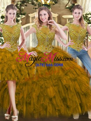 Sleeveless Tulle Floor Length Zipper Ball Gown Prom Dress in Brown with Beading and Ruffles