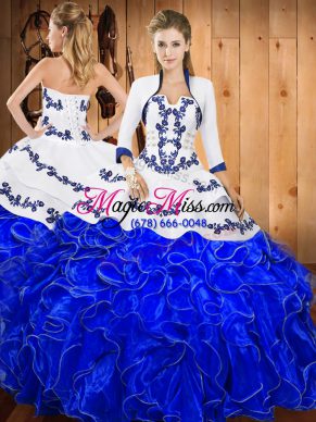 Suitable Blue And White Satin and Organza Lace Up Strapless Sleeveless Floor Length Quinceanera Dress Embroidery and Ruffles