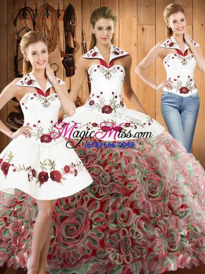 Cheap Halter Top Sleeveless 15 Quinceanera Dress Sweep Train Embroidery Multi-color Fabric With Rolling Flowers