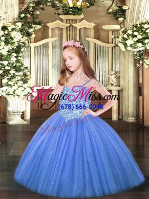 Trendy Baby Blue Lace Up Child Pageant Dress Appliques Sleeveless Floor Length