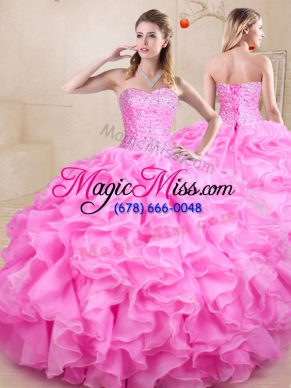 Rose Pink 15th Birthday Dress Sweet 16 and Quinceanera with Beading and Ruffles Sweetheart Sleeveless Lace Up