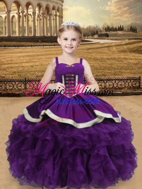 Hot Sale Eggplant Purple Lace Up Straps Beading and Ruffles Kids Formal Wear Organza Sleeveless