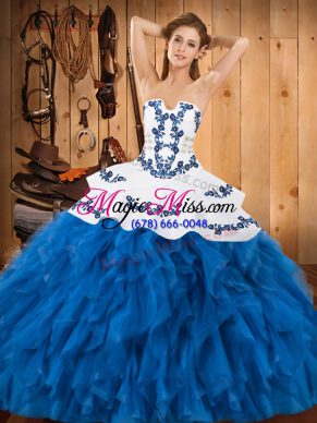 Blue And White Ball Gowns Embroidery and Ruffles Quinceanera Dresses Lace Up Satin and Organza Sleeveless Floor Length