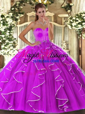 Vintage Sleeveless Floor Length Beading and Ruffles Lace Up Quinceanera Dress with Fuchsia