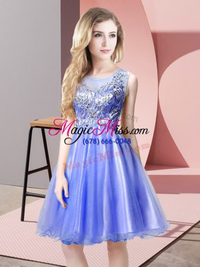 Free and Easy Knee Length Blue Prom Dresses Tulle Sleeveless Beading