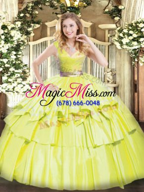 V-neck Sleeveless Tulle Quinceanera Gowns Beading and Ruffled Layers Zipper