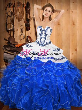 Nice Strapless Sleeveless Quinceanera Gowns Floor Length Embroidery and Ruffles Blue And White Satin and Organza