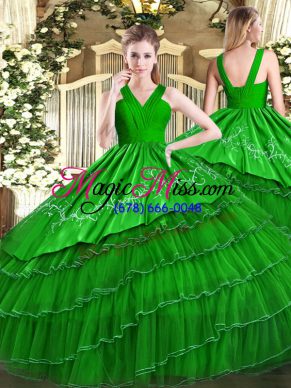 Green Sleeveless Floor Length Embroidery and Ruffled Layers Zipper Vestidos de Quinceanera