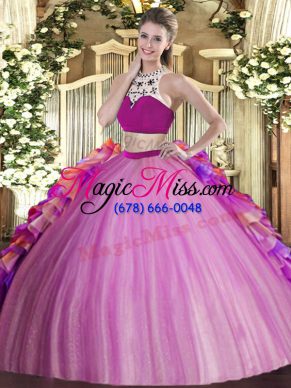Tulle High-neck Sleeveless Backless Beading and Ruffles Quinceanera Gowns in Lilac