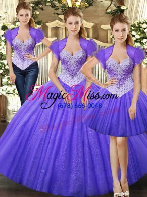 Dynamic Fuchsia Ball Gowns Straps Sleeveless Tulle Floor Length Lace Up Beading 15 Quinceanera Dress