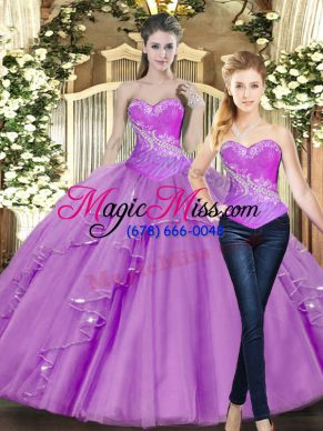 Sexy Sleeveless Tulle Floor Length Lace Up Sweet 16 Dress in Lilac with Beading