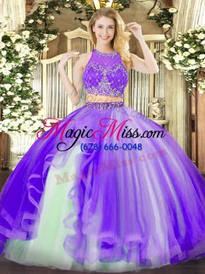 Fancy Lavender Scoop Neckline Beading and Ruffles Quince Ball Gowns Sleeveless Zipper
