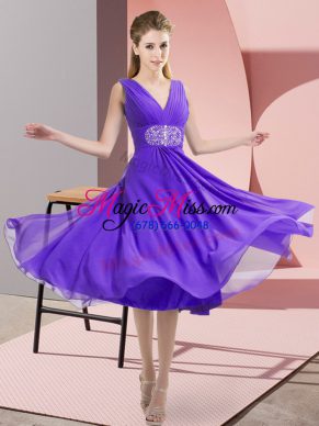 Lavender Sleeveless Knee Length Beading Side Zipper Wedding Guest Dresses