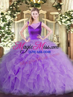 Custom Design Sleeveless Floor Length Beading and Ruffles Side Zipper 15th Birthday Dress with Lavender