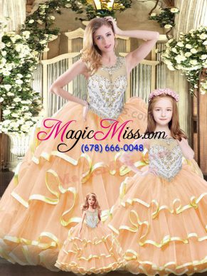 Peach Quinceanera Gown Military Ball and Sweet 16 and Quinceanera with Beading and Ruffles Scoop Sleeveless Lace Up