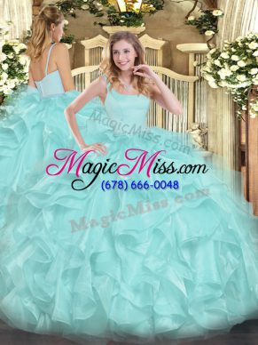 Aqua Blue Sleeveless Organza Zipper Quinceanera Dresses for Military Ball and Sweet 16 and Quinceanera