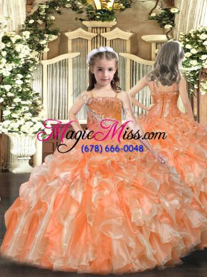 Straps Sleeveless Child Pageant Dress Floor Length Beading and Sequins Orange Organza