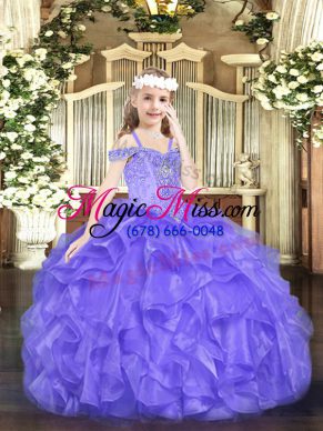 Stylish Lavender Lace Up Off The Shoulder Beading and Ruffles Child Pageant Dress Organza Sleeveless