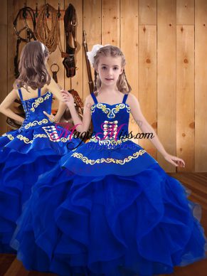 Royal Blue Lace Up Straps Embroidery Girls Pageant Dresses Organza Sleeveless