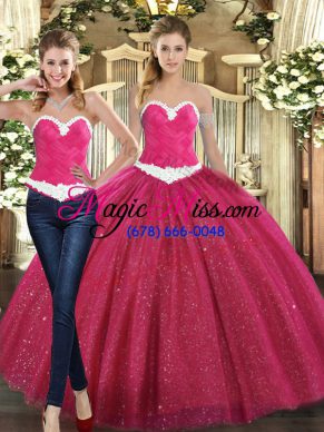 Sleeveless Floor Length Ruching Lace Up Sweet 16 Quinceanera Dress with Fuchsia