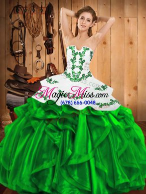 Floor Length Lace Up Sweet 16 Dresses Green for Military Ball and Sweet 16 and Quinceanera with Embroidery and Ruffles
