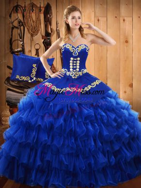 Sweet Blue Ball Gowns Satin and Organza Strapless Sleeveless Embroidery and Ruffled Layers Floor Length Lace Up Ball Gown Prom Dress
