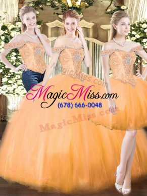 Low Price Orange Red Organza Lace Up Quince Ball Gowns Sleeveless Floor Length Beading and Ruffles