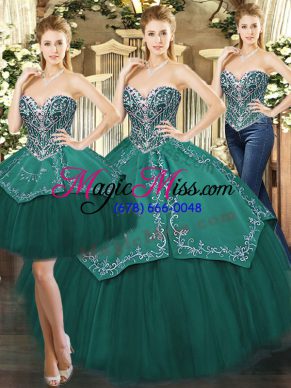 Flare Sweetheart Sleeveless 15 Quinceanera Dress Floor Length Beading and Appliques Dark Green Tulle