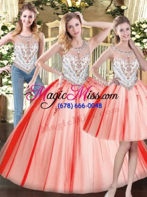 Dramatic Scoop Sleeveless Zipper Quinceanera Gown Red Tulle