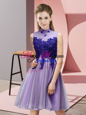 Beautiful Lavender Tulle Lace Up High-neck Sleeveless Knee Length Bridesmaids Dress Appliques