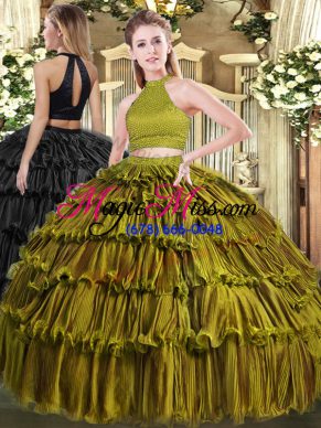 Olive Green Ball Gowns Halter Top Sleeveless Organza Floor Length Backless Beading and Ruffled Layers Quinceanera Dress