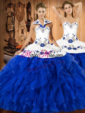 Ball Gowns Quinceanera Dress Blue And White Halter Top Satin and Organza Sleeveless Floor Length Lace Up