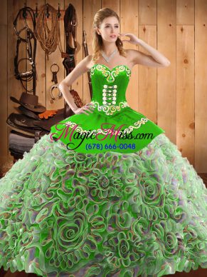 Sleeveless Satin and Fabric With Rolling Flowers With Train Sweep Train Lace Up Quince Ball Gowns in Multi-color with Embroidery