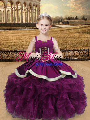 Purple Straps Lace Up Beading and Ruffles Evening Gowns Sleeveless