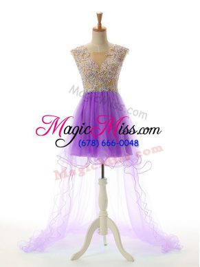 Sumptuous Eggplant Purple Sleeveless High Low Appliques Backless Prom Dress