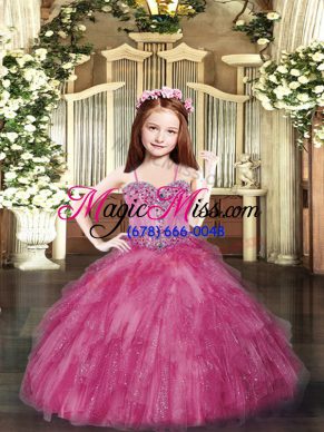Hot Pink Pageant Dress Womens Party and Quinceanera with Beading and Ruffles Spaghetti Straps Sleeveless Lace Up