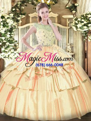 Flirting Champagne Ball Gowns Tulle Bateau Sleeveless Beading and Ruffled Layers Floor Length Zipper Quince Ball Gowns