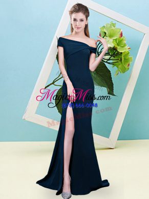 Mermaid Bridesmaid Gown Navy Blue Off The Shoulder Elastic Woven Satin Sleeveless Floor Length Zipper