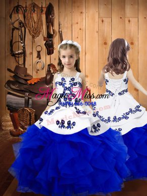 Fashion Sleeveless Floor Length Embroidery and Ruffles Lace Up Little Girl Pageant Gowns with Royal Blue