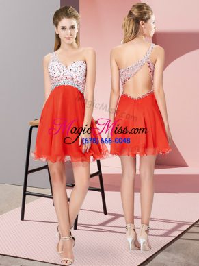 Great Red Criss Cross One Shoulder Beading Prom Party Dress Chiffon Sleeveless