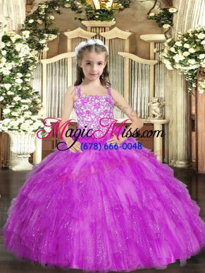 Straps Sleeveless Pageant Dress Floor Length Beading and Ruffles Lilac Organza