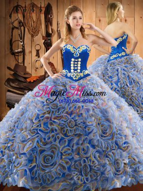 Pretty Multi-color Lace Up Sweetheart Embroidery 15 Quinceanera Dress Satin and Fabric With Rolling Flowers Sleeveless