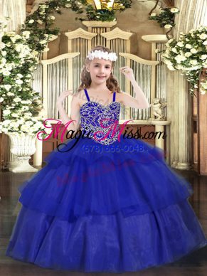 Eye-catching Royal Blue Ball Gowns Beading and Ruffled Layers Custom Made Pageant Dress Lace Up Organza Sleeveless Floor Length