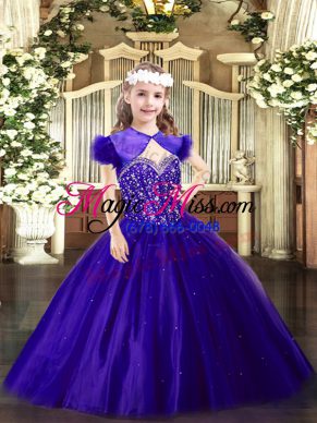 Purple Sleeveless Floor Length Beading Lace Up Evening Gowns