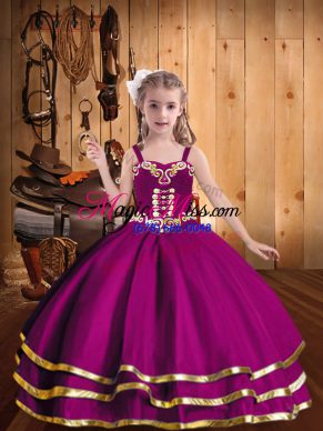 Sleeveless Organza Floor Length Lace Up Pageant Dress in Fuchsia with Beading and Ruffled Layers