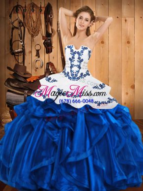 Satin and Organza Sleeveless Floor Length Quinceanera Gown and Embroidery and Ruffles