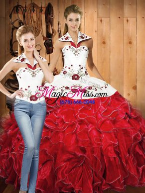 Floor Length White And Red Sweet 16 Quinceanera Dress Satin and Organza Sleeveless Embroidery and Ruffles