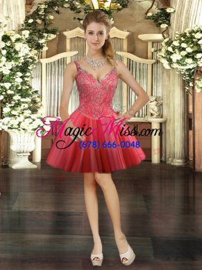 Glorious Mini Length Coral Red Prom Evening Gown V-neck Sleeveless Lace Up
